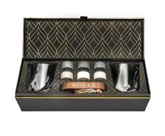 Set Regalo Pietre per Whisky - 6 Rocce Artigianali Tonde in Granito per Degustazione - 2 Bicchieri Cristallo Superior – Supporto Legno Massiccio per Esposizione - Confezione Regalo in Lamina dOro
