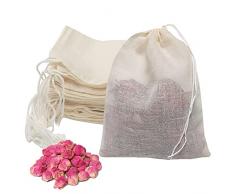 Sacchetti Filtro per Tè 50 Pezzi 6 × 8 cm 100% Cotone Bustina di Tè Vuota con Coulisse, Riutilizzabile Sacchetti Cotone per lavanda, caffè, tè sfuso, cucinando (Bianco)