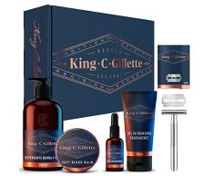 King C Gillette Kit Regalo Gold Per Cura Barba Uomo, Rasoio di Sicurezza + 15 Lamette + Detergente, Balsamo e Olio per Barba e Viso + Gel da Rasatura, Regalo, Blu