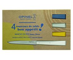 Opinel Bon Appetit Celeste 12C27 - Set di 4 coltelli da tavola in acciaio INOX con manico in legno di faggio, colore: Bianco/Blu/Giallo/Grigio