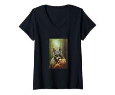 Donna simpatico fumetto disegno scoiattolo rosso foresta animale noci ciotola Maglietta con Collo a V