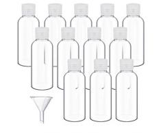 DECARETA Bottiglie di Viaggio 50ml con Piccolo Imbuto bottigliette viaggio Plastica Trasparente bottiglia da Viaggio Vuote Contenitori Cosmetici Riutilizzabili per Volo, Vacanza Set di 13 Pezzi
