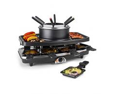 Klarstein 3-in-1 Griglia per Raclette e Set Fonduta Formaggio, Piastra Raclette Formaggio in Pietra Ollare 1100W, Piastra Elettrica per Grigliare Carne e Formaggio con Pentole e Forchette per Fonduta