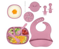 Aolso Set Pappa per Bambini Silicone, 9 Pezzi Set Pappa Svezzamento Bambini, Ciotola e Piatto, 4pcs Cucchiaio Forchetta, Tazza e Coperchio, Bavaglino, Set Svezzamento Silicone senza BPA - Rosa