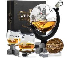 Whisiskey - Decanter per Whisky - Mappamondo - 900ML - Regalo Uomo - Caraffa Whiskey - Regali Compleanno - Set include 8 Cubetti di Ghiaccio Riutilizzaibili, Pinze e 2 Bicchieri in Vetro…