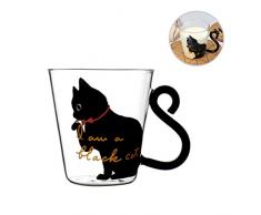 BESTONZON 250ML Cat Cup vetro carino stile giapponese gatto stampa Coppa personalità tazza di latte con manico (Black)