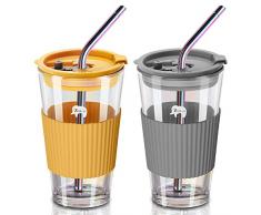 Bicchieri con Cannuccia e Coperchio Set Bicchieri Acqua 450 ml Bicchieri da Caffè Riutilizzabili 2 Bocca Larga Bicchieri Bubble Tea Vetro per Caffè Fai da Te Latte Bevande Tè e Vino