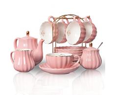 Sweejar Home Set da tè in porcellana Royal Family, 225 ml, per tazze e piattini con teiera, zuccheriera, brocca per latte in ceramica e tazze da caffè (rosa)