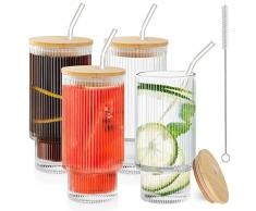 Anhow 4 Pezzi Bicchiere Vetro con Cannuccia e Coperchio, 350ml Bicchieri Cocktail Rigato per Soda, Smoothie, Bubble Tea, Cocktail, Birra, Whisky e Vino - Trasparente