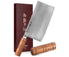 HEZHEN 20CM Mannaie,Coltello Mannaia Coltello da Cucina,Acciaio Rivestito in Acciaio Composito,Coltello da Cuoco Cinese,Manico in legno Padauk