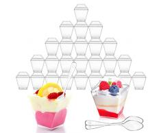 Echify Mini Tazze da Dessert - 50 pezzi 2 oz | 60 ml Tazze da Dessert Riutilizzabili con Coperchi e Cucchiai Tazza Trasparente Plastica per Antipasto Semifreddo Cheesecake Ciotola per Budino Mousse