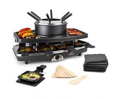 Klarstein 3-in-1 Griglia per Raclette e Set Fonduta Formaggio, Piastra Raclette Formaggio in Pietra Ollare 1100W, Piastra Elettrica per Grigliare Carne e Formaggio con Pentole e Forchette per Fonduta