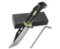 Coltello Pieghevole, Coltello da Caccia con Rompi-Vetro per Caccia, Campeggio (Verde)