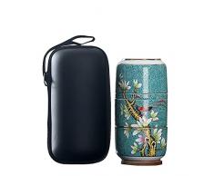 fanquare Tazza da Tè da Viaggio Vintage con Infusore, Servizio da Tè con Albero e Uccello, Tazza Portatile in Porcellana con Borsa, Verde Scuro
