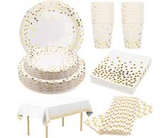 24 Ospiti Set Piatti Biodegradabili Bianco Oro Piatti Carta Natale Tovaglioli Bicchieri Cannucce Tovaglia per Anniversario Matrimonio Doccia Nuziale Fidanzamento Festa Piatti di Carta Natalizi Bianco