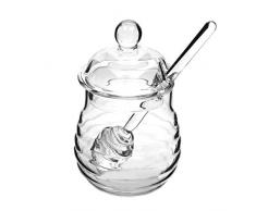 Cabilock Barattolo di Miele in Vetro da 250 Ml Vasetto di Miele in Cristallo con Mestolo E Coperchio Barattolo di Marmellata Trasparente per Cucina Domestica (Trasparente)