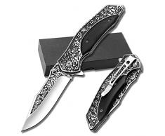 Coltello Pieghevole, Coltello da Caccia Con una Mano con Manico in Legno Inciso Decorativo Retrò, Miglior Coltello da Trekking da Pesca da Caccia da Campeggio (Nero)