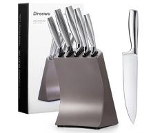 Drcowu 6 pezzi set di Coltelli da Cucina Professionale Con ceppo, include Coltello da Chef, Coltelli per Pane, Coltello per Bistecca, ecc. in Acciaio Inox.