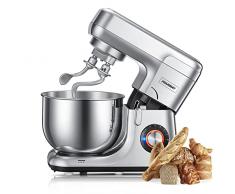 Impastatrice Planetaria con Doppia Gancio, HOUSNAT Robot da Cucina, 1200W 5.5L Sistema Planetario a 8 Velocità con Gancio per Impastare, Frusta, Sbattitore, Ciotola e Coperchio(Dargento)