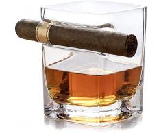 Bicchiere da whisky con portasigari con supporto per sigari incorporato, a mano libera per gli amanti delle sigarette di sigari Bicchiere di sigaro ultra trasparente, vecchio stile, 320 ml (Square)