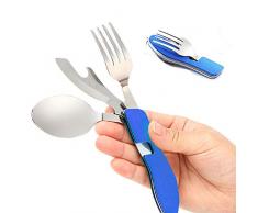 Senven®4 In 1stoviglie Da Campeggio In Acciaio Inossidabile-Coltello, Forchetta, Cucchiaio, Apribottiglie -Pieghevole Da Posate Portatile Multiuso -Cottura Mangiare Camping Utensile,Blu