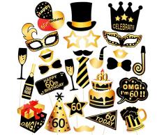 Qpout 26 Pezzi 60° Compleanno Photo Booth Puntelli Decorazione per Feste Puntelli Foto Compresi Cappelli Bicchieri da Cravatte Corone Adatto per Uomo Donna 60° Compleanno Accessori a Tema per Feste