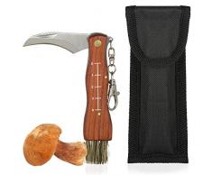Coltello per Funghi con Spazzolina e Misuratore di Lunghezza, Serramanico e Tascabile, Manico in Legno, Lama in Acciaio Inox, Fodera Compresa