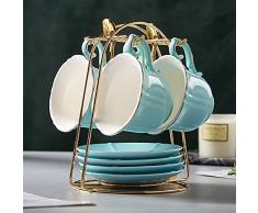 DUJUST set da 4 tazze da tè e piattini (235 ml), colore caramella con finiture dorate, tazze da caffè con supporto in metallo, set da tè in porcellana stile semplice - verde