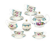 fanquare 21 Pezzi Servizio da Tè in Porcellana Vintage Blu, Servizio da Caffè in Ceramica con Rosa, Tazza da Caffè e Piattino Fine per Adulti