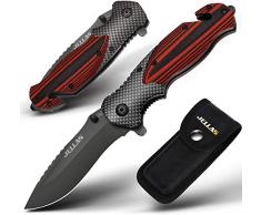 Jellas Coltello Pieghevole, 9Cr18 Coltello Soccorso Portatile di Sopravvivenza per Caccia, Campeggio attività allAperto Multiuso, Lama in Acciaio Inossidabile e Maniglia in Alluminio + G10