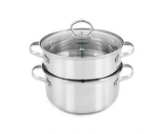 INOXPRAN - Vaporiera Inoxsteam in Acciaio Inox Ø22 con Coperchio in Vetro da 22 cm, Pentola a Vapore per Cottura a Castello a 2 Ripiani, 24x25x18 cm