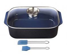 Gsw 800419 Rostiera Rettangolare Con Coperchio In Vetro 40 X 26 X 11 Cm/Circa 8.0 L, 2 Pezzi Set Di Pennelli, Alluminio Pressofuso, Nero/Blu