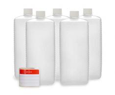 Octopus 5 x 1000 ml Bottiglie in plastica, Bottiglie in plastica HDPE con Tappi a Vite in Bianco, Bottiglie vuote con coperchi a Vite in Bianco, Bottiglie quadre con 5 Etichette compilabili Incluse
