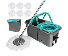 Myiosus Set di mocio con secchio, secchio rimovibile a due camere, secchio per tacchino con mocio, design a pedale e manico in acciaio inox, set per pulizia dei pavimenti, con 6 testine