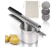 Amazy Schiacciapatate (incl. 3 presse intercambiabili + sacchetto patate) – Schiaccia patate manuale in acciaio INOX per purè di patate, gnocchi e verdure (tondo)