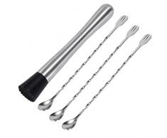 Pestello da Cocktail e Cucchiaio da Cocktail in Acciaio Inox, 21cm Martello per Ghiaccio Tritato e 26cm Cucchiai per Miscelare per Mojito e Bevande a Base di Frutta (Set di 4)