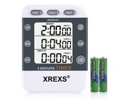 XREXS Timer da Cucina Digitale Magnetico, Timer da Cucina a 3 canali Volume Regolabile Contare su e Giù, Cronometro Digitale con Cordino Timer di Cottura Ampio Display Batteria Inclusa