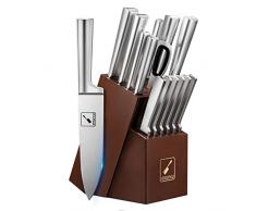 imarku Set di Coltelli, 15 Pezzi Coltelli con Ceppo in Legno, Set di Coltelli Professionali da Cucina in Acciaio Inox con Affilatrice, Limpugnatura è Ergonomica