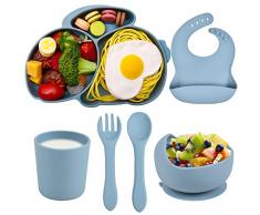 Hoseay Set Pappa Bambini Silicone Kit Svezzamento con Bambina Piatti Ventosa Piatto Cucchiaio Forchetta Ciotola Bavaglino Tazza 6 Pezzi Senza BPA Set Pappa Prima Neonato Sicurezza Lavastoviglie, Blu