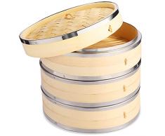 Vobeiy Vaporiera bamboo 3 livelli,Premium naturale bambù Cestello per Cottura a Vapore con Strisce in Acciaio Inox,Artigianato tradizionale su misura per dieta sana,24CM