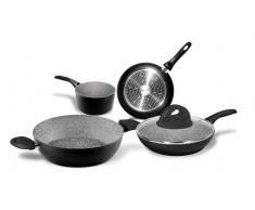 Aeternum, Stone in Black, Batteria 5 pezzi antiaderenti, 1 Casseruola 16 cm, 2 Padelle 20-24 cm, 1 Tegame 14 cm, 1 Coperchio 20 cm, Alluminio, Nera