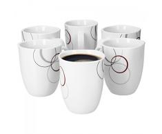 VAN WELL Set di 6 Tazze da caffè Palazzo 33 cl, in Porcellana Bianca, con Decorazioni a Cerchi in Grigio e Rosso Scuro