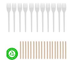 Confezione da 150 pezzi, 100 forchette in plastica, extra resistenti + 50 pallet da caffè in legno, adatti a tutti i tipi di attività o eventi