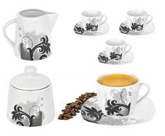 Van Well 10tlg. Set da caffè, 4 X tazza di caffè con 4 X piattino + LATTIERA E ZUCCHERIERA Bianco - Vari decori a scelta Fiore nero