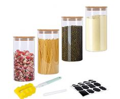 GoMaihe 4 PCS Barattoli di Vetro Barattolo Cucina, Contenitori Alimentari con Coperchio di A Tenuta dAria bambù, Contenitore Ermetico per Alimenti Pasta caffè, Vetro Borosilicato 1.2L