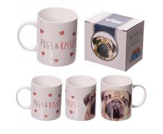 Puckator MUG184 Tazza, motivo: cane razza carlino e scritta Pugs and Kisses, Fine Bone China, colore: beige/bianco/nero