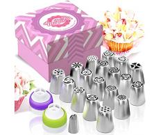MoNiRo - Set di 33 beccucci professionali in acciaio inox, grandi beccucci russi + sac à poche in silicone e accessori per la decorazione di cupcake e torte - set di beccucci - fiori di rose - foglie