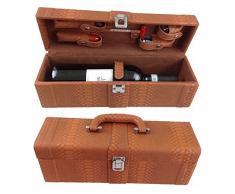 GMMH LN 16 - 12 - Set accessori da vino, 6 pezzi, idea regalo, con coltellino da sommelier, cavatappi, taglia pellicola, tappo, termometro da vino, versatore, in elegante scatola di legno di colore rosso scuro.