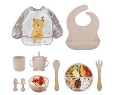 Tivifore 10 Pezzi Set di Svezzamento in Silicone, Set Pappa per Bambino, con Antiscivolo Ventosa Ciotola Piatto Tazze Bavaglino Cucchiaio Forchetta, Senza BPA, Set Stoviglie per Prima Pappa