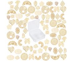 SUNNYCLUE 1 Scatola 80 Pezzi 16 Stili Connettore Filigrana Charms Fiore Unisce Collegamenti Avvolge Metallo Ferro Pendenti Foglia Ovale Piatto Rotondo A Forma di Cuore per Gioielli Che Fanno